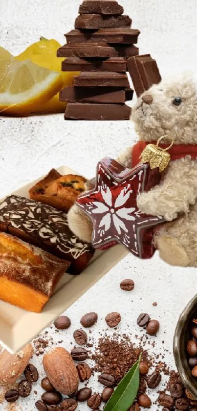 Coffee beans and chocolate with bear and bakery treats on a white background.