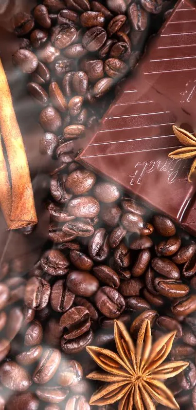 Luxurious coffee beans and chocolate wallpaper with aromatic spices.