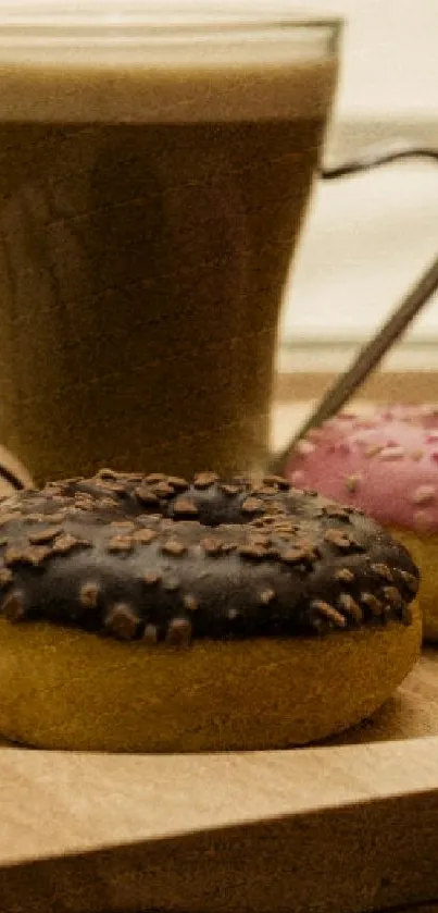 Wallpaper of coffee with donuts on a wooden tray.