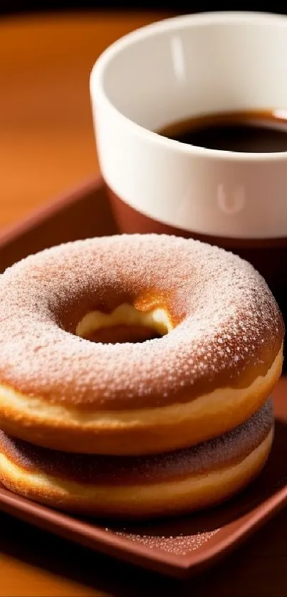 Coffee cup and sugared donuts on a wooden tray.