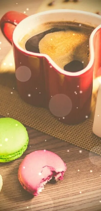 Heart-shaped coffee mugs with colorful macarons on a wooden table.
