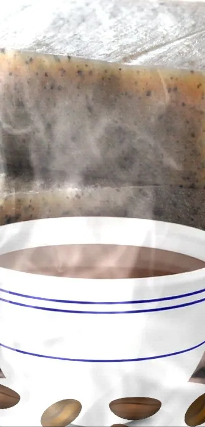 Steaming coffee with a soap bar in soothing brown tones.