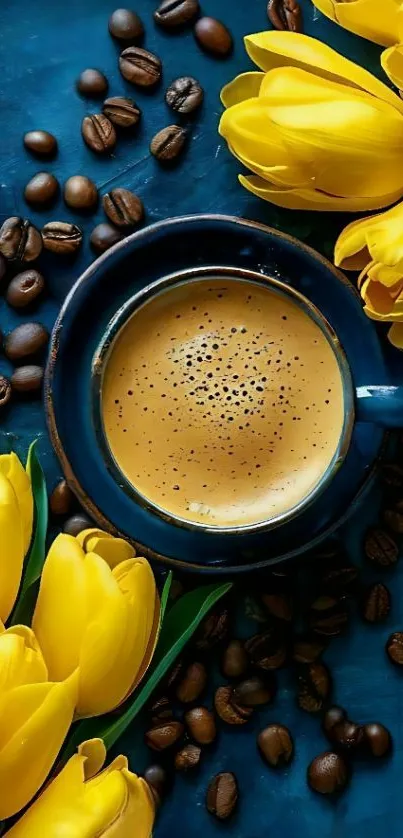 Coffee cup surrounded by yellow tulips and beans on blue background.