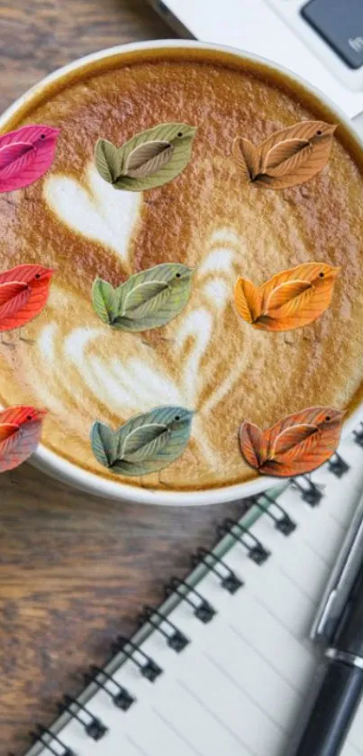 Coffee cup with autumn leaves and a notebook on a wooden desk.