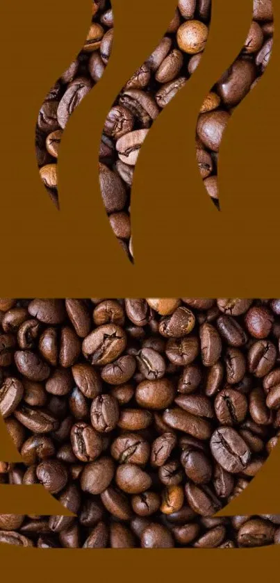 Coffee beans forming a cup and steam on brown background.