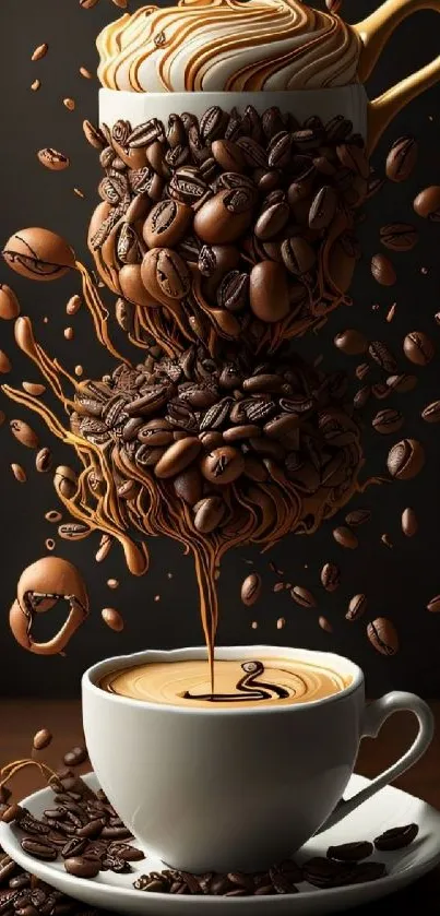 Artistic wallpaper with cascading coffee beans pouring into a cup.