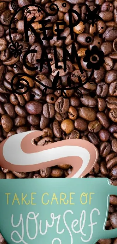 Motivational coffee bean wallpaper with teal cup and inspiring message.