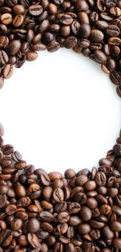 Circular coffee bean pattern on a white background for mobile wallpaper.