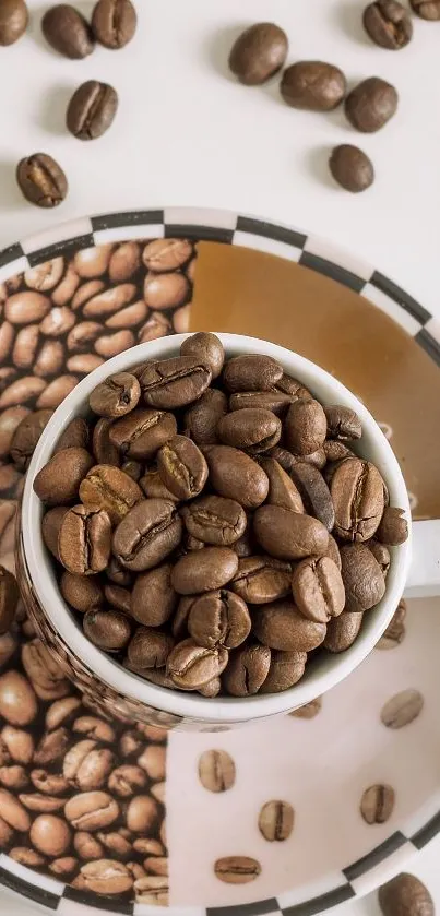 Brown coffee beans in a white cup on a patterned plate.