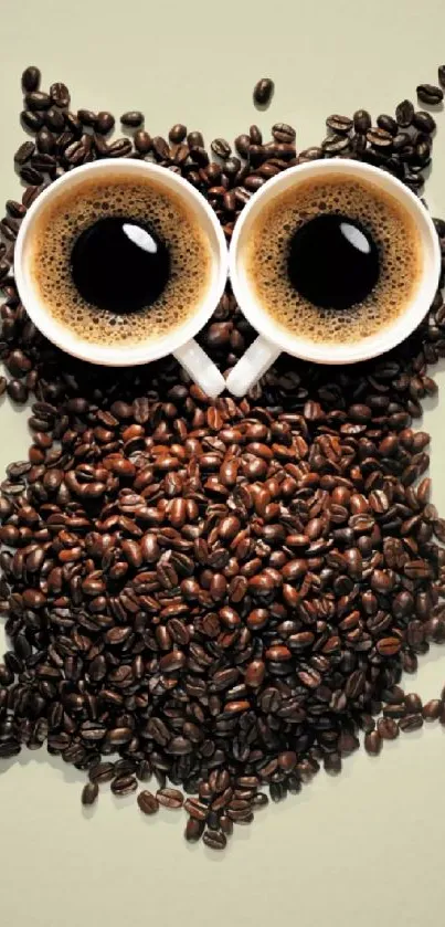 Coffee bean owl design with cups as eyes on beige background.