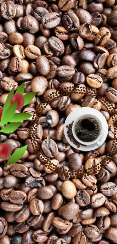 Coffee beans and a coffee cup in a textured brown pattern wallpaper.