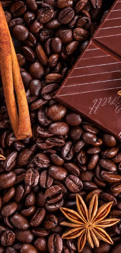 Rich coffee beans with chocolate and cinnamon design.