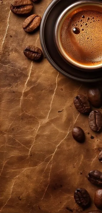 Brown textured wallpaper with coffee beans and espresso.