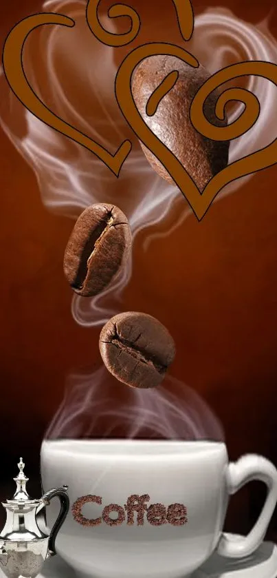 Coffee beans steam forming hearts in artful mobile wallpaper.