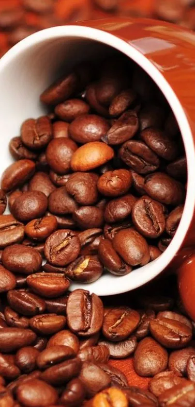 Coffee beans spilling from a rustic brown mug.