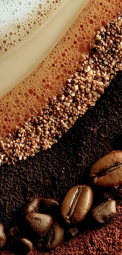 Artistic coffee beans and froth wallpaper texture.