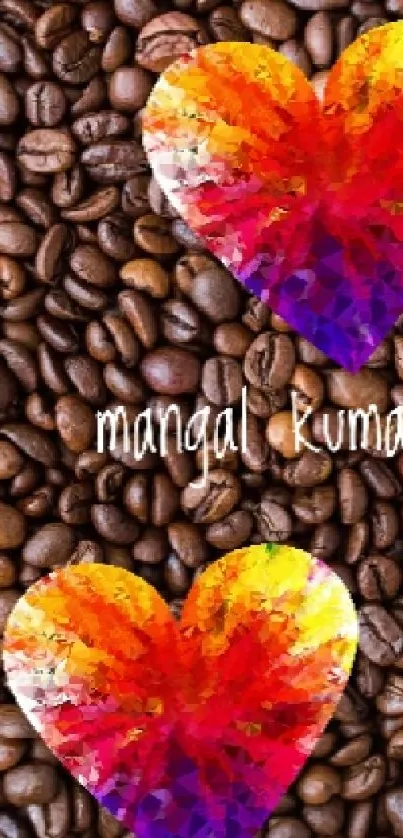 Colorful hearts on coffee beans wallpaper design.