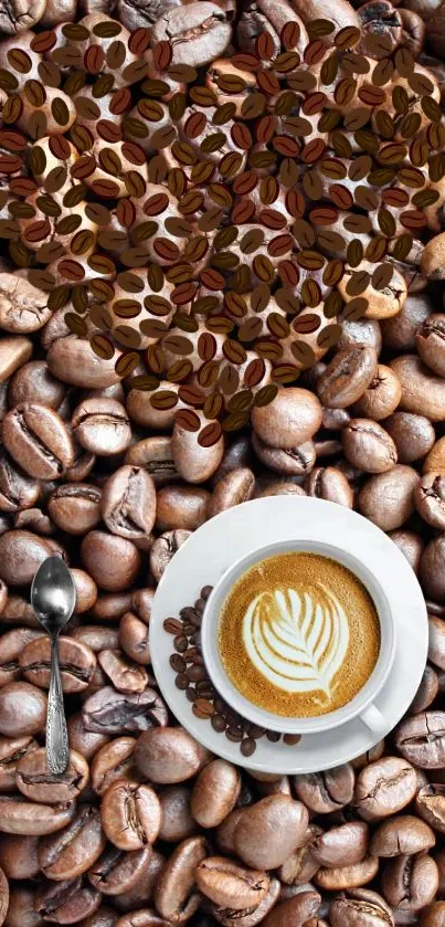 Heart-shaped coffee beans with latte.