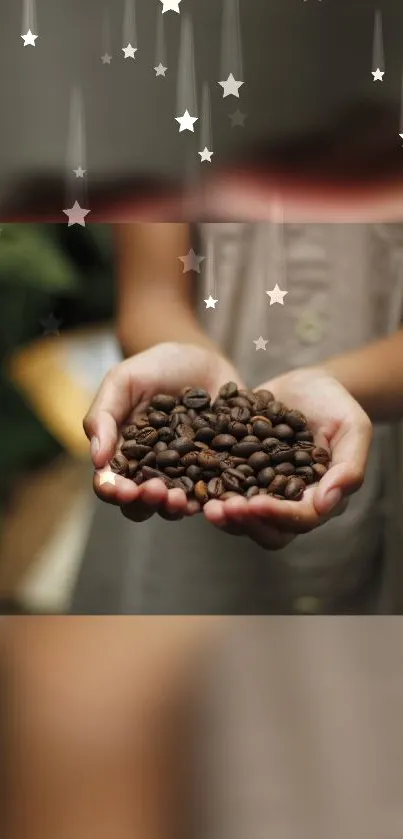 Hands holding coffee beans with starry backdrop.