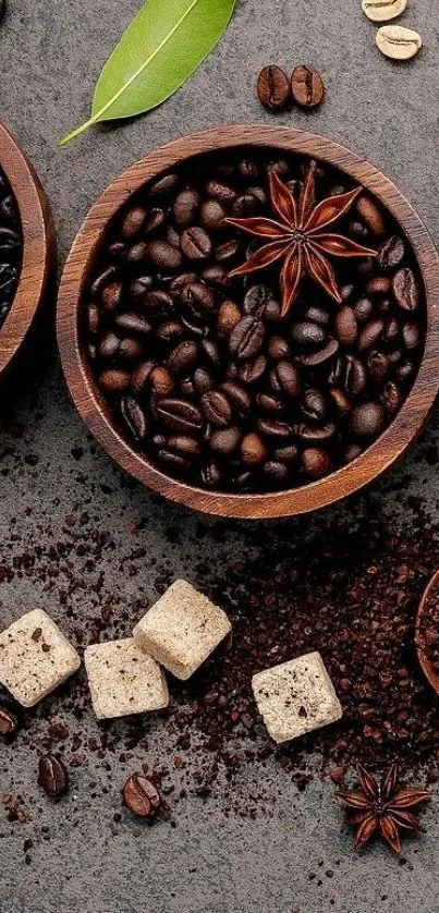 Mobile wallpaper with coffee beans and spices in rustic tones.