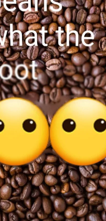 Coffee beans with large emoji overlay, quirky wallpaper design.