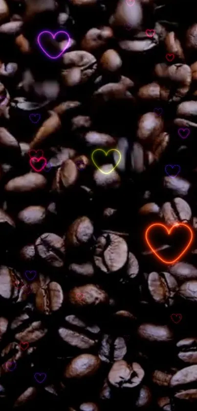 Coffee beans with glowing heart outlines mobile wallpaper.