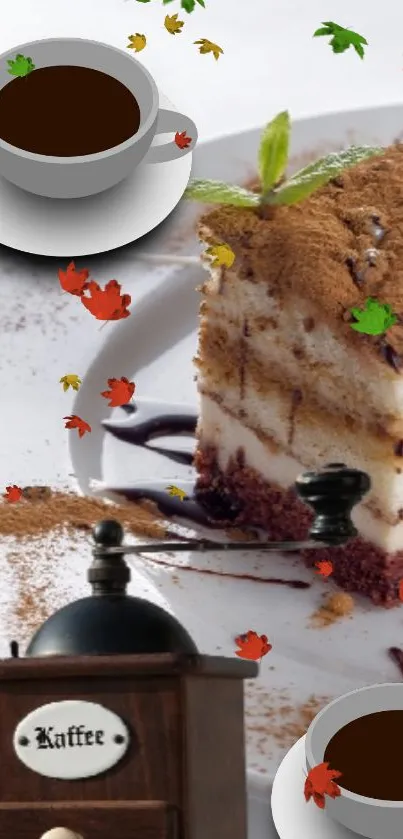 Coffee cake with cocoa and leaves wallpaper.