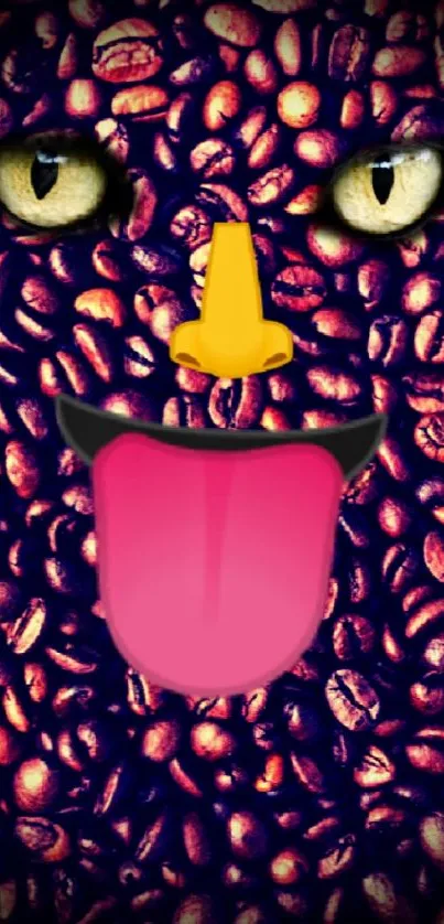 A humorous cat face emerges from coffee beans.