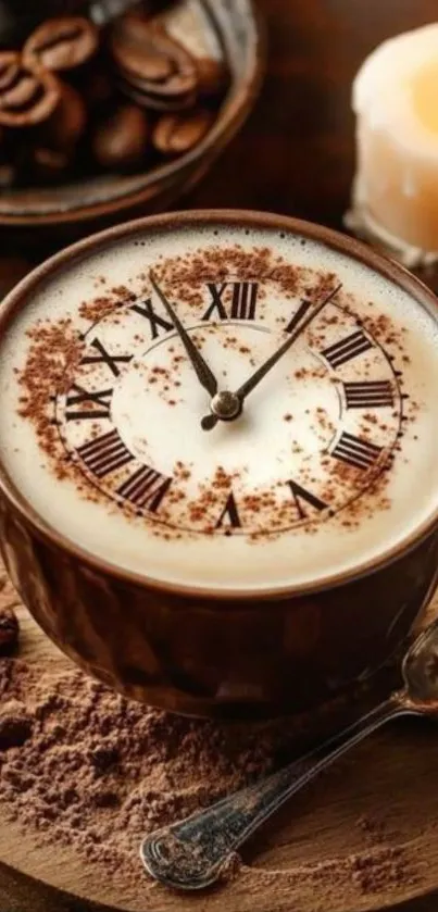 Coffee cup with clock face latte art on a wooden table.