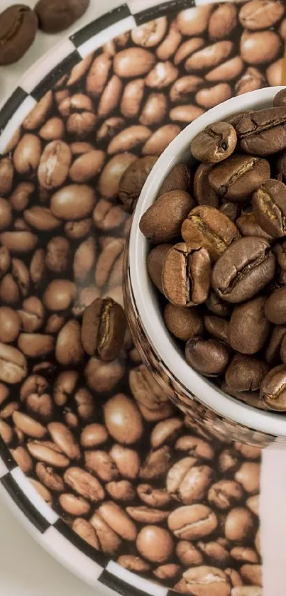 Coffee cup filled with beans on a stylish background.