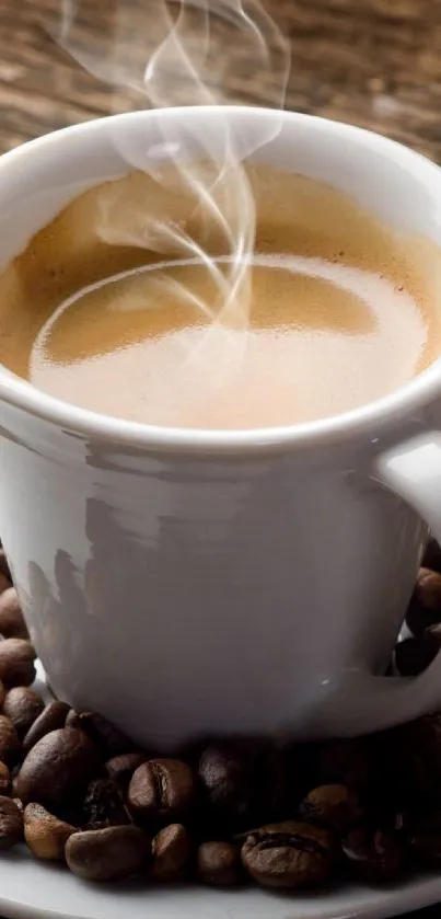 Steaming coffee cup surrounded by beans on a table.