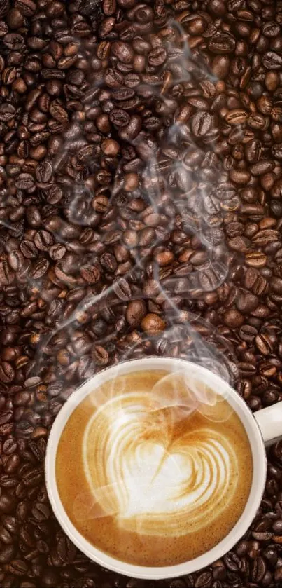 Steaming coffee cup on roasted beans.