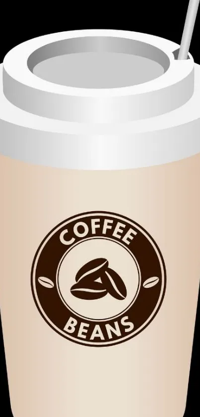 Minimalist beige coffee cup with logo on black background.