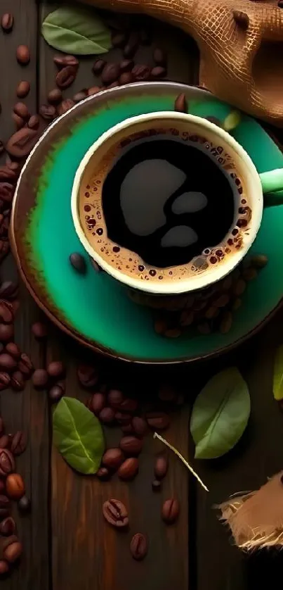 Artistic coffee cup with beans and leaves.