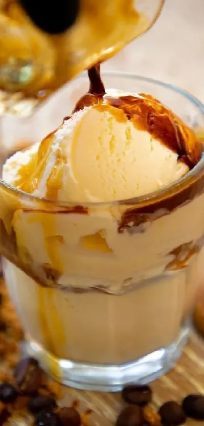 Mobile wallpaper showing ice cream with espresso and cookies on a wooden surface.