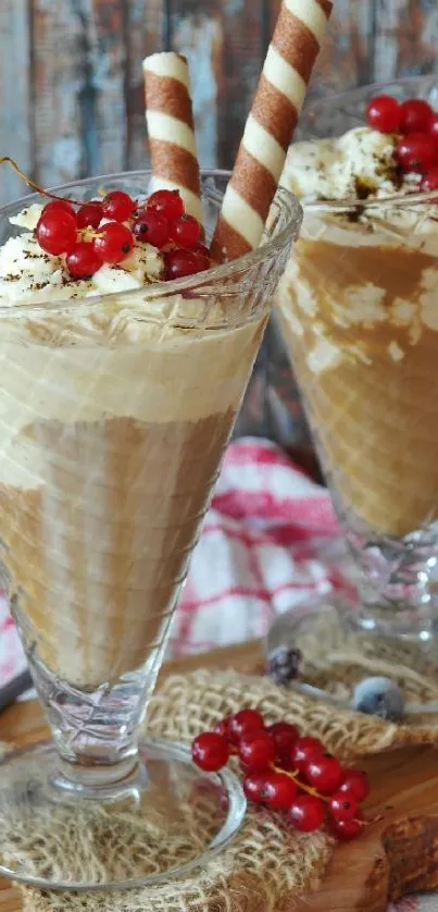Coffee dessert with red berries and whipped cream in a glass.