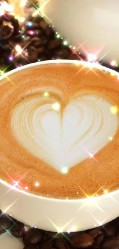 Heart-shaped latte art coffee wallpaper with beans.