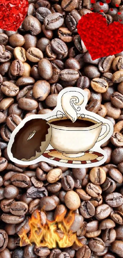 Coffee beans with hearts and a steaming cup of coffee on mobile wallpaper.