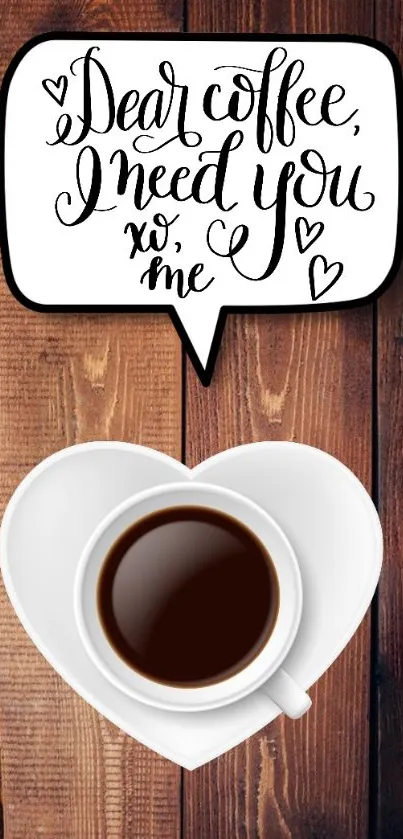 Heart-shaped coffee cup on wooden background.