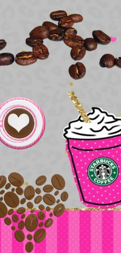 Colorful coffee-themed wallpaper with a pink cup and beans.