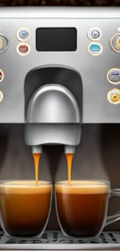 Stainless steel coffee maker brewing two cups of espresso.