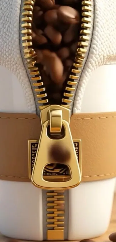 Mug with zipper design revealing coffee beans.