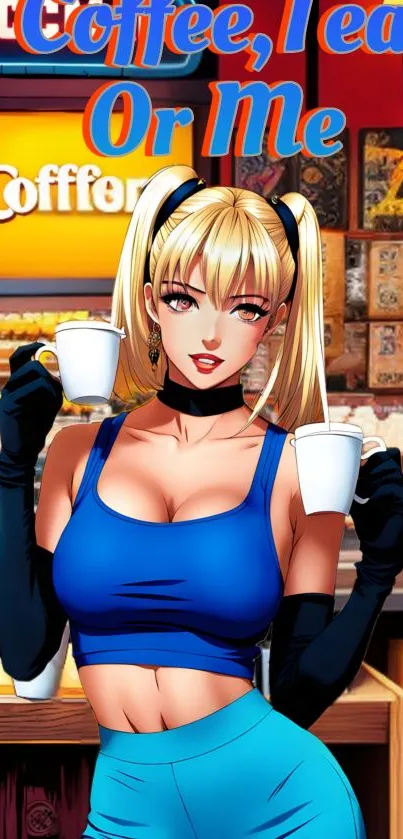 Anime girl holding coffee cups in vibrant cafe setting.