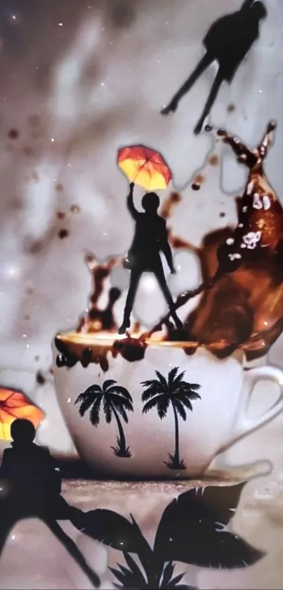 Fantasy coffee splash with silhouettes and umbrellas in a vibrant scene.