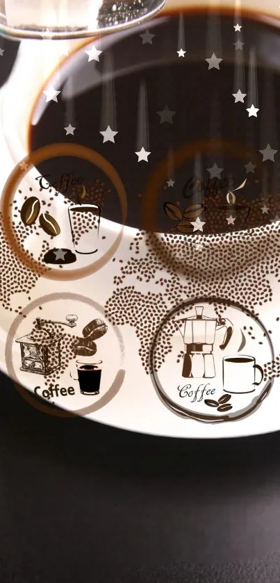 Coffee-themed wallpaper with cups and designs in rich brown shade.