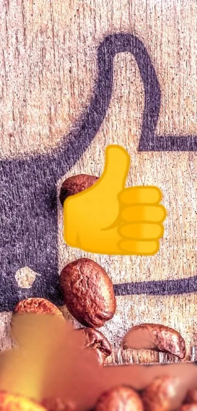 Coffee beans and thumbs up emoji on artistic wallpaper background.