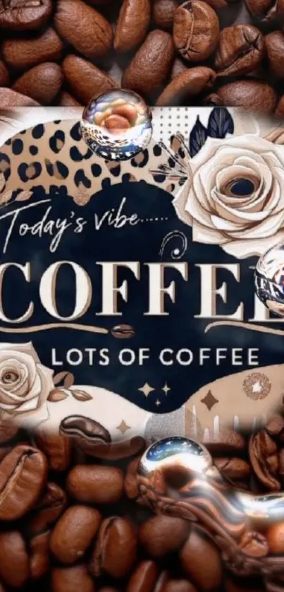 Coffee-themed wallpaper with beans and roses.
