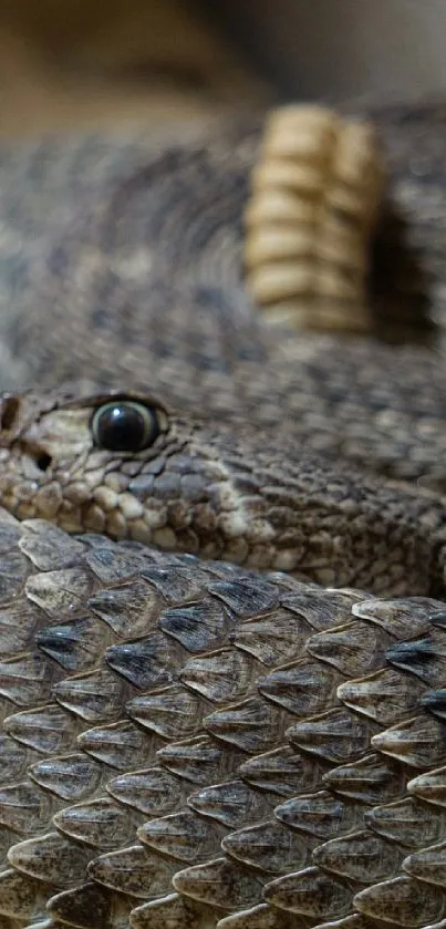 Close-up of a coiled rattlesnake showing intricate scale patterns.