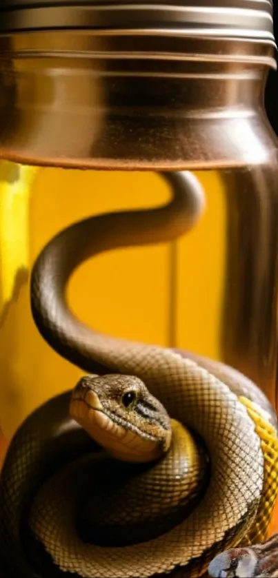 Snake elegantly coiled inside a glass jar with warm yellow lighting.