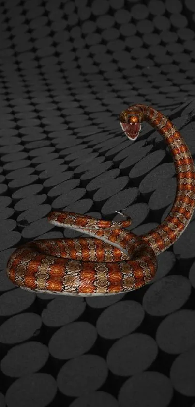 Orange snake coiled on dark patterned background, striking mobile wallpaper.